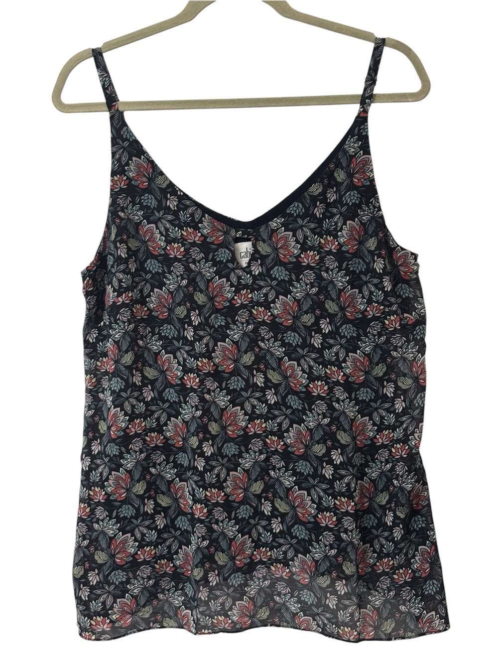 CABI Flirt Cami Navy Blue Floral Tank Top LINED Keyhole Neck M Cottagecore Boho